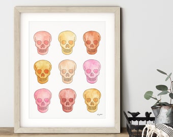 Pink Skulls Wall Art, Halloween Skeleton Art Print, Watercolor Painting, Fall Wall Art, Halloween Decor, Pink Halloween Wall Decor
