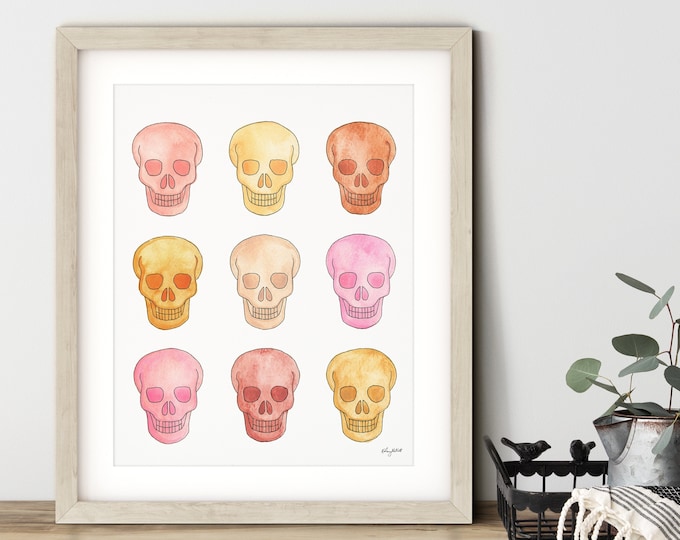 Pink Skulls Wall Art, Halloween Skeleton Art Print, Watercolor Painting, Fall Wall Art, Halloween Decor, Pink Halloween Wall Decor