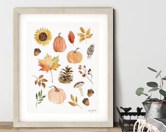 Fall Nature Wall Art, Pumpkins Gourds Art, Watercolor Painting, Sunflowers Art Print, Pinecones, Autumn Art, Pumpkin Wall Decor, Fall Decor
