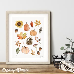 Herfst natuur kunst aan de muur, pompoenen kalebassen kunst, aquarel schilderij, zonnebloemen Art Print, dennenappels, herfst kunst, pompoen muur decor, herfst decor