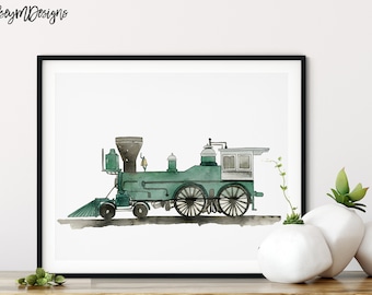 Steam Locomotive Train Print, Watercolor Painting, Transportation Decor, Boy Room Decor, Kids Bedroom Art, Train Wall Decor, Vehicle Prints