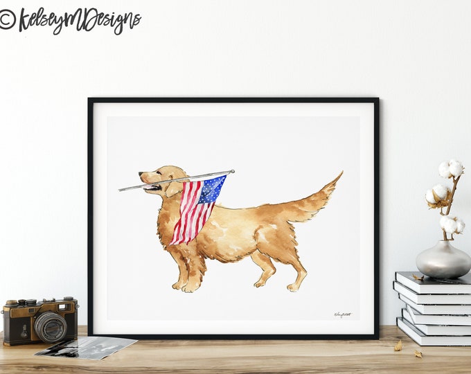 DIGITAL DOWNLOAD - Golden Retriever 4th of July Printable, USA Art Print, Fourth of July Decor, Red White Blue, Watercolor Printable