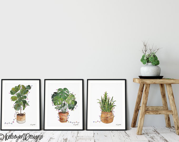 Set of 3 Holiday Lights Potted Plants, Watercolor Painting, House Plants Print, Christmas Prints, Christmas Lights, Holiday Gallery Wall Art