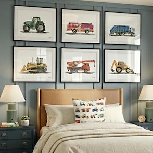 Set of 6 Construction Vehicle Art Prints, Kids Gallery Wall Set, Transportation Truck Wall Art, Toddler Boy Room, Tractor, Fire Truck, Crane