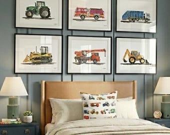 Conjunto de 6 pôsteres de veículos de construção, conjunto para parede de galeria infantil, arte de parede com caminhões de transporte, quarto de menino pequeno, trator, caminhão de bombeiros, guindaste