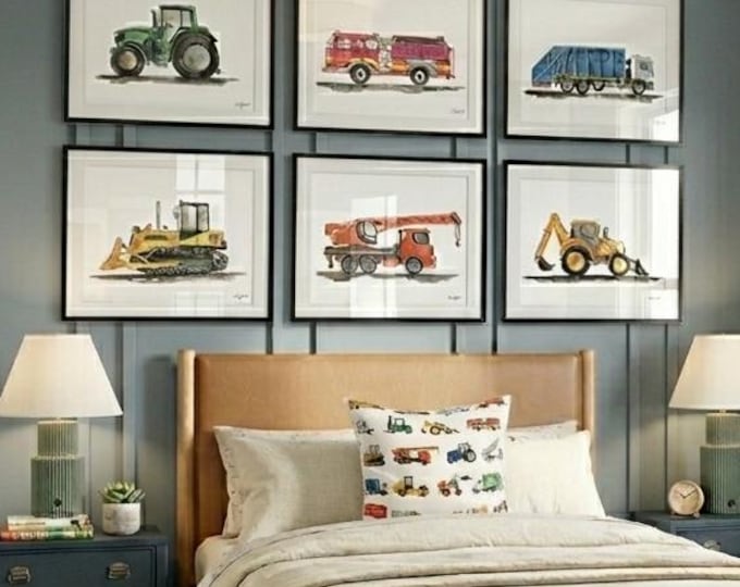 Set of 6 Construction Vehicle Art Prints, Kids Gallery Wall Set, Transportation Truck Wall Art, Toddler Boy Room, Tractor, Fire Truck, Crane