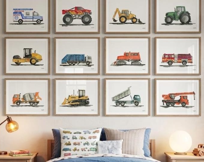 Set of 12 Construction Vehicle Prints, Kids Gallery Wall Set, Truck Wall Art, Transportation Print Nursery, Watercolor Painting Truck Prints