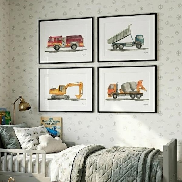 Set of 4 Construction Vehicle Wall Art, Kids Gallery Wall Set, Transportation Truck Art Print, Dump Truck, Fire Truck, Toddler Room Decor