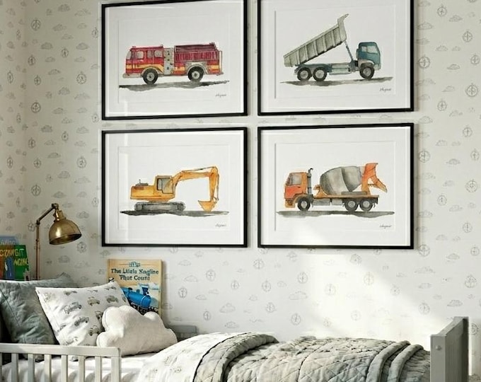 Set of 4 Construction Vehicle Wall Art, Kids Gallery Wall Set, Transportation Truck Art Print, Dump Truck, Fire Truck, Toddler Room Decor