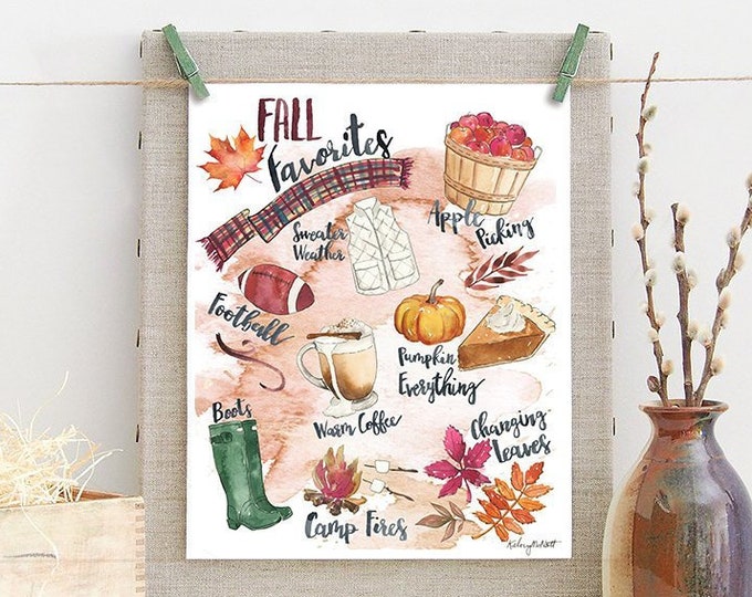 DIGITAL DOWNLOAD - Fall Favorites Wall Art, Fall Watercolor, Favorite Things Wall Art, Fall home decor, Fall Art Print, Watercolor Painting