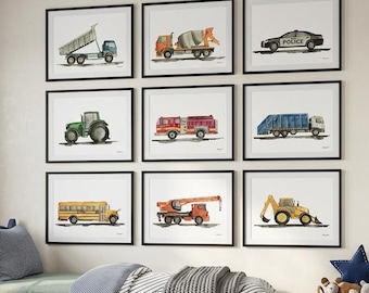 Set of 9 Construction Vehicle Art Prints, Kids Gallery Wall Set, Truck Wall Art, Transportation Print Nursery, Toddler Boy Wall Decor