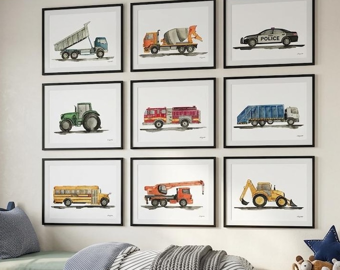 Set of 9 Construction Vehicle Art Prints, Kids Gallery Wall Set, Truck Wall Art, Transportation Print Nursery, Toddler Boy Wall Decor