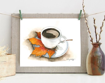 DIGITAL DOWNLOAD - Coffee in the Fall, Fall Leaves, Fall Home Decor, Fall Wall Art, Watercolor Painting, Fall Printable, Kitchen Coffee Art