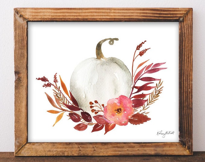 DIGITAL DOWNLOAD - White Floral Pumpkin Wall Art, Farmhouse Decor, Flower Pumpkin Art Print, Fall Decor, Fall Printable, Watercolor Pumpkin