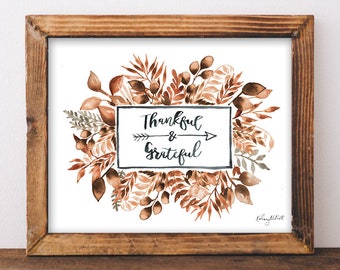 DIGITAL DOWNLOAD - Thankful and Grateful Wall Art, Fall Foliage, Fall Home Decor, Fall Art Print, Watercolor Painting, Thanksgiving Decor