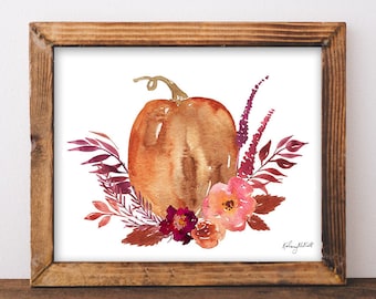 Fall Floral Pumpkin Wall Art, Pumpkin Leaves, Fall Farmhouse Decor, Pumpkin Art Print, Fall Home Decor, Autumn Decor, Fall Flower Watercolor