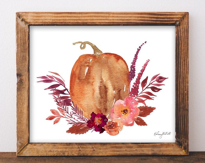 Fall Floral Pumpkin Wall Art, Pumpkin Leaves, Fall Farmhouse Decor, Pumpkin Art Print, Fall Home Decor, Autumn Decor, Fall Flower Watercolor