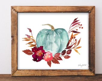 DIGITAL DOWNLOAD - Blue Floral Pumpkin Wall Art, Farmhouse Decor, Flower Pumpkin Print, Fall Decor, Fall Printable, Watercolor Pumpkin