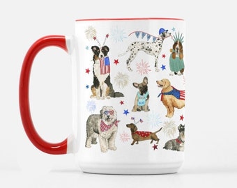 Patriotic Dogs Mug, 4th of July Coffee Mug, Summer Decor, 15 oz Mug, Dog Lover Gift, Summer Kitchen, Red White and Blue Bar Decor