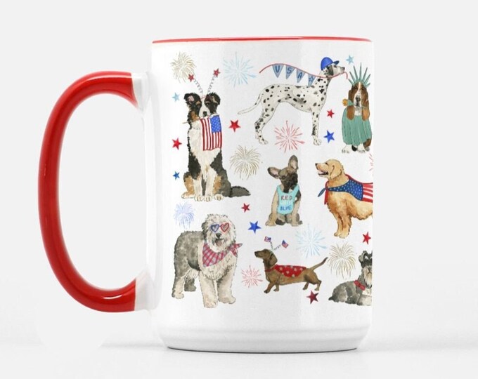 Patriotic Dogs Mug, 4th of July Coffee Mug, Summer Decor, 15 oz Mug, Dog Lover Gift, Summer Kitchen, Red White and Blue Bar Decor