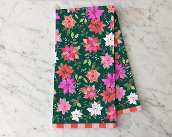 Poinsettia Flower Tea Towel, Christmas Kitchen Towel with Red & Pink Stripe Border, Holiday Floral Dish Towel, Festive Hostess Gift