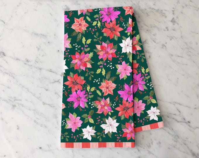 Poinsettia Flower Tea Towel, Christmas Kitchen Towel with Red & Pink Stripe Border, Holiday Floral Dish Towel, Festive Hostess Gift