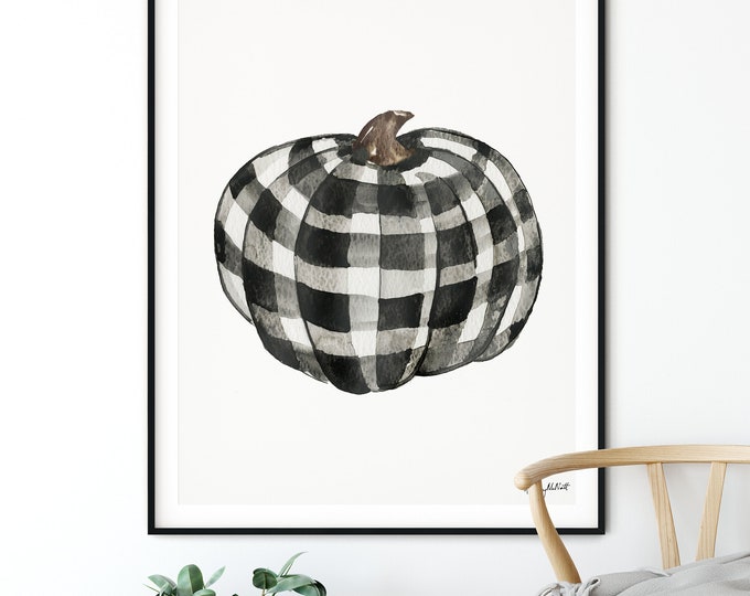 Plaid Pumpkin Art Print, Farmhouse Pumpkin Decor, Buffalo Check Fall Wall Art, Rustic Fall Home Decor, Black White Pumpkins Watercolor Art