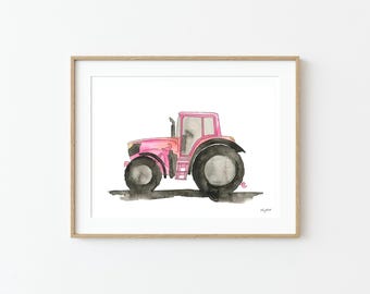 Pink Tractor Wall Art, Tractor Art Print, Transportation Vehicle, Girls Room Art, Watercolor Painting, Tractor Nursery, Toddler Room Decor