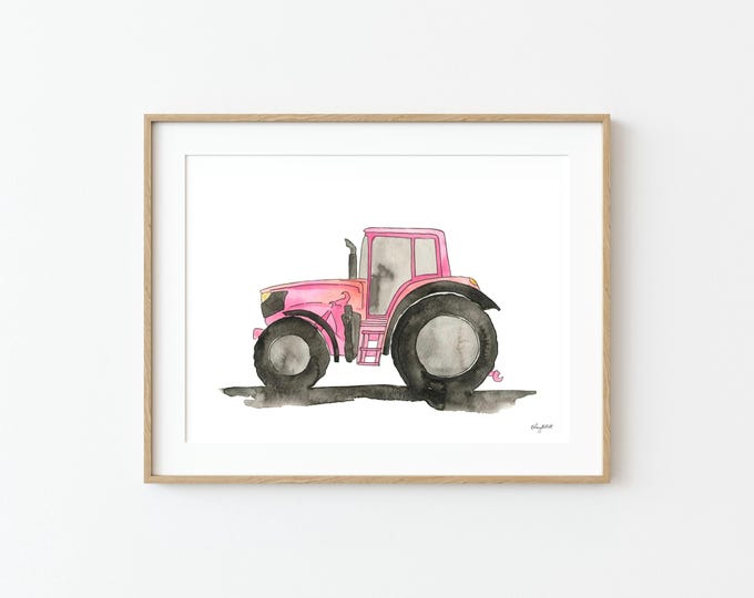 Pink Tractor Wall Art, Tractor Art Print, Transportation Vehicle, Girls Room Art, Watercolor Painting, Tractor Nursery, Toddler Room Decor