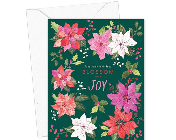 Poinsettia Holiday Card, May Your Holidays Blossom with Joy, Elegant Christmas Greeting Card, Floral Holiday Card, Watercolor Christmas Card
