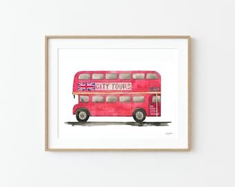 Double Decker Bus Wall Art, Transportation Vehicle Decor, London Bus Art Print, Kids Playroom Art, Nursery Print, Construction Vehicle Art