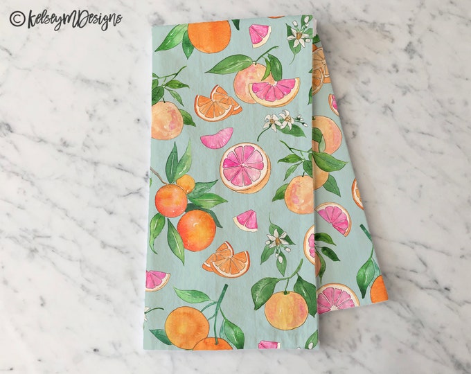 Grapefruit and Oranges Tea Towel, Summer Kitchen Decor, Citrus Dish Towel, Summer Decor, Flour Sack Cotton Hand Towel, Housewarming Gift