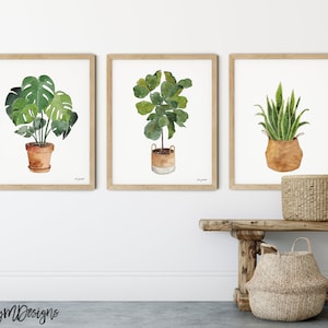 Set of 3 Potted Plants Watercolor Painting, House Plants Print, Botanical Art, Watercolor Plants, House Plants Illustration Gallery Wall Art