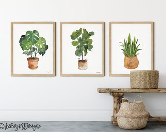 Set of 3 Potted Plants Watercolor Painting, House Plants Print, Botanical Art, Watercolor Plants, House Plants Illustration Gallery Wall Art
