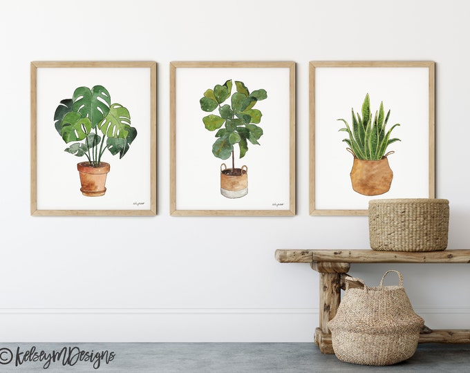 Set of 3 Potted Plants Watercolor Painting, House Plants Print, Botanical Art, Watercolor Plants, House Plants Illustration Gallery Wall Art