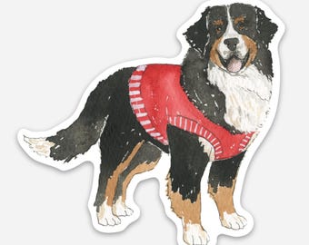 Bernese Mountain Dog Sticker in Red Sweater, Cute Winter Vinyl Decal for Laptops, Water Bottles, Dog Lover Gift, 3x3 Die Cut Sticker