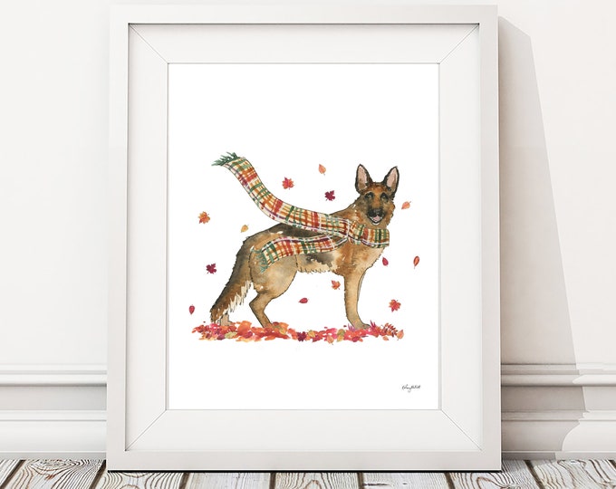 Fall Dog Wall Art, German Shepherd Dog Art Print, Autumn Home Decor, Fall Wall Art, Halloween Art Print, Fall Decor, German Shepherd Gift
