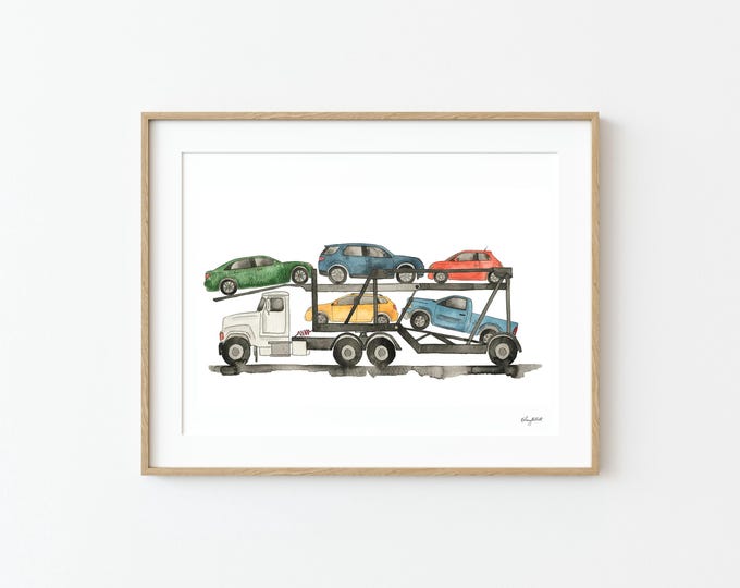 Car Hauler Truck Wall Art, Transportation Wall Decor, Construction Vehicle Art Print, Truck Nursery Decor, Toddler Boy Room Decor