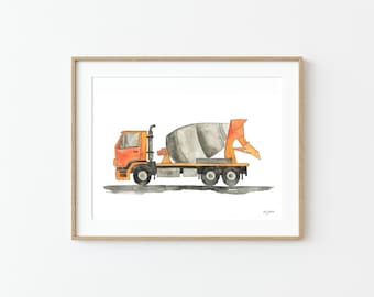 Cement Mixer Truck Art Print, Construction Vehicle Decor, Toddler Boy Room Decor, Boy Bedroom Art, Watercolor Painting Concrete Mixer