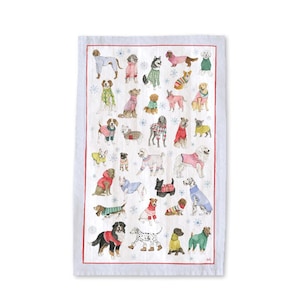 Winter Dogs Tea Towel, Cute Holiday Kitchen Towel with Dogs in Cozy Sweaters, Christmas Dog Decor, Seasonal Dish Towel Gift