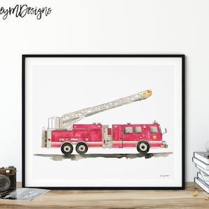 May include: A watercolor painting of a red fire truck with a ladder extended. The truck is on a white background.