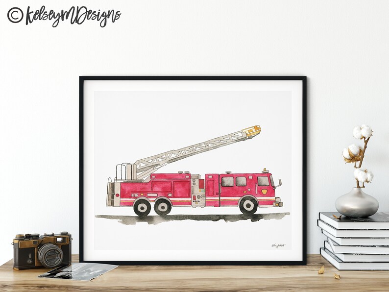 May include: A watercolor painting of a red fire truck with a ladder extended. The truck is on a white background.