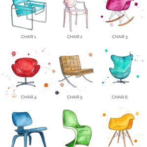 May include: Nine watercolor illustrations of different chairs, each with a unique design and color. The chairs are arranged in a grid pattern, with the names "Chair 1" through "Chair 9" written below each chair.