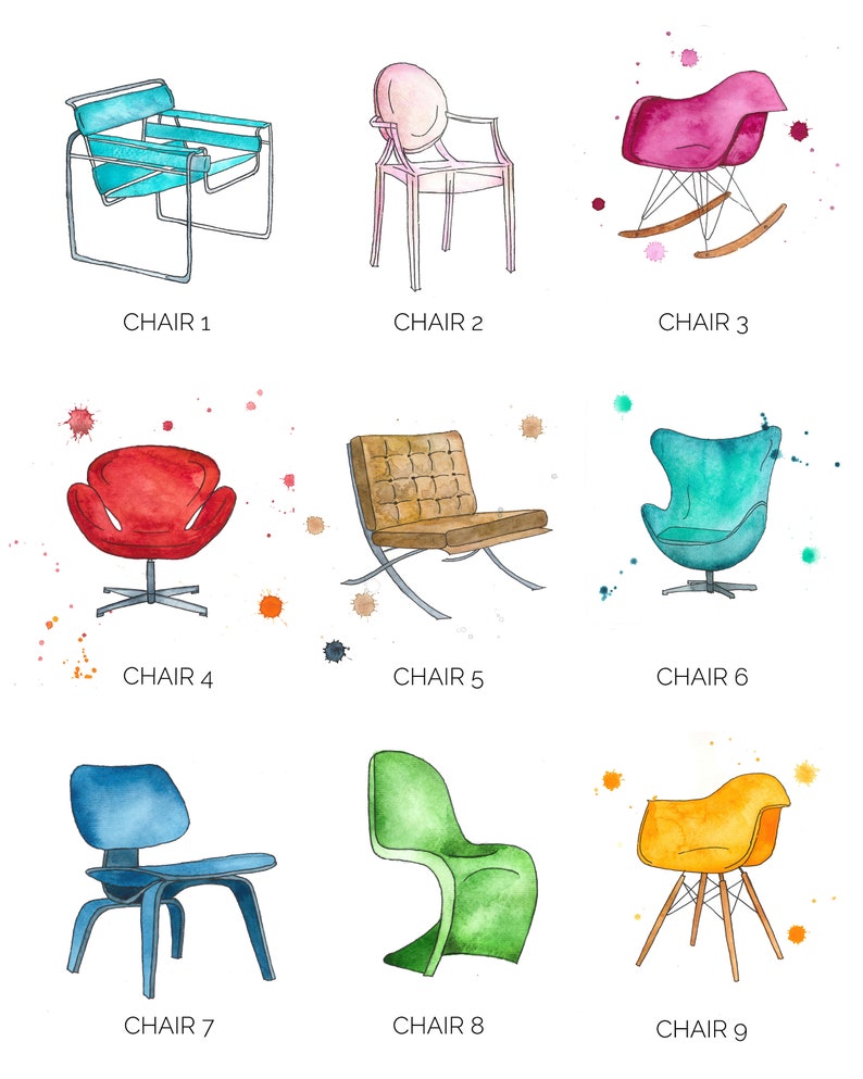 May include: Nine watercolor illustrations of different chairs, each with a unique design and color. The chairs are arranged in a grid pattern, with the names "Chair 1" through "Chair 9" written below each chair.