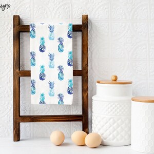 Blue Pineapple Tea Towel, Summer Kitchen Decor, Blue White Dish Towel, Summer Decor, Flour Sack Cotton Towel, Gifts for Her, Pineapple Decor image 2