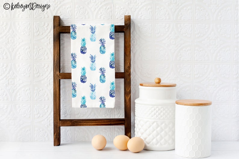 Blue Pineapple Tea Towel, Summer Kitchen Decor, Blue White Dish Towel, Summer Decor, Flour Sack Cotton Towel, Gifts for Her, Pineapple Decor image 2