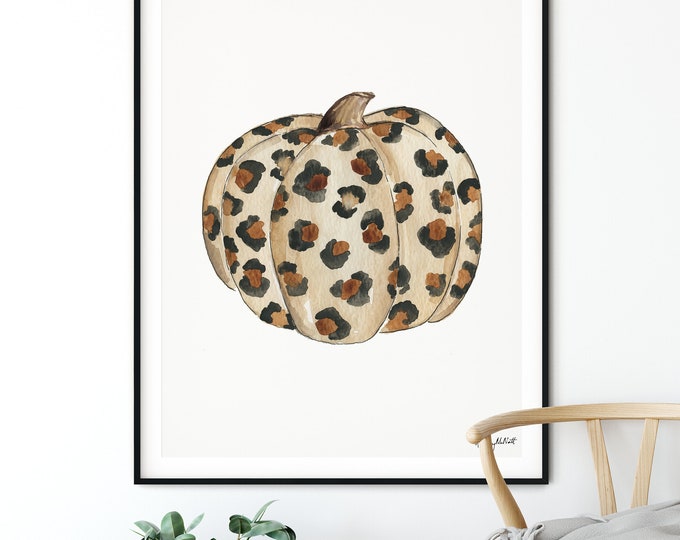 DIGITAL DOWNLOAD - Leopard Pumpkin Art Print, Fall Pumpkin Decor, Leopard Fall Art, Autumn Decor, Pumpkins Watercolor, Leopard Print