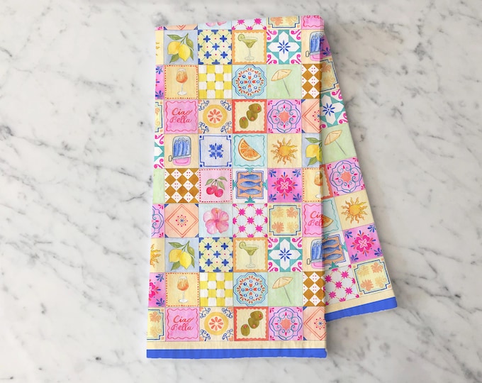 Amalfi Coast Tile Tea Towel, Mediterranean Kitchen Towel, Colorful Tile Pattern, Summer Coastal Kitchen Decor, Flour Sack Cotton Towel