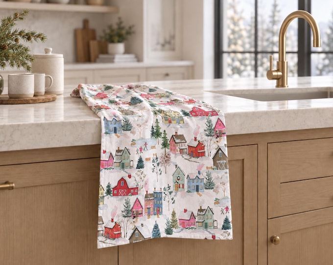 Christmas Village Tea Towel, Winter Village Kitchen Towel, Holiday Tea Towel, Christmas Kitchen Decor, Festive Dish Towel