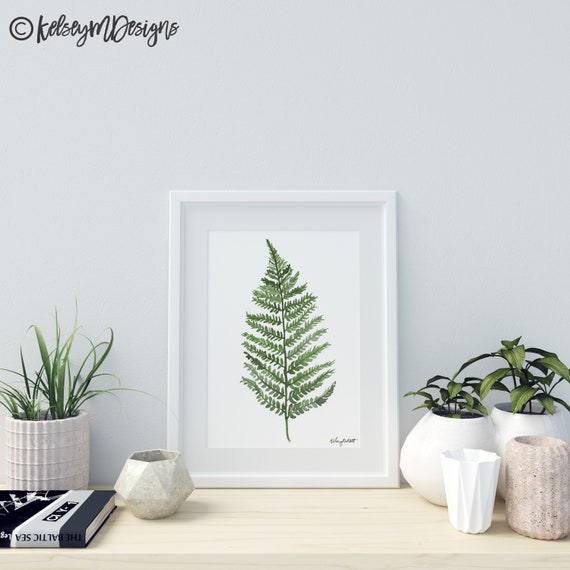 シダのプリント、緑の壁飾り、水彩画の植物画、植物イラスト、自然の森
